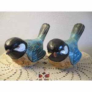 Lot of 2 Bluebirds Resin Faux Carved Wood Spring Decor Tier Tray 9in/22.86cm